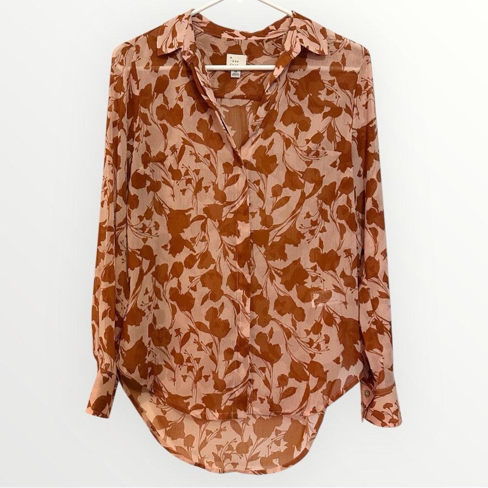 Pink and Brown Floral Long Sleeve Button-Up Blouse